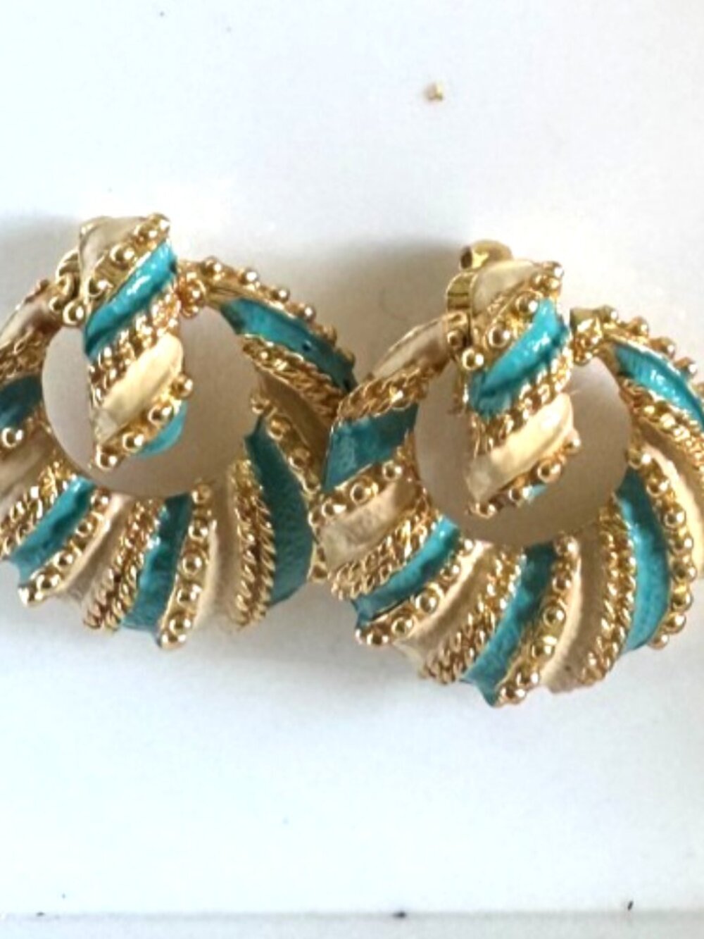 Vintage Trifari Gold Tone with White & Turquoise Enamel Door Knocker Earrings